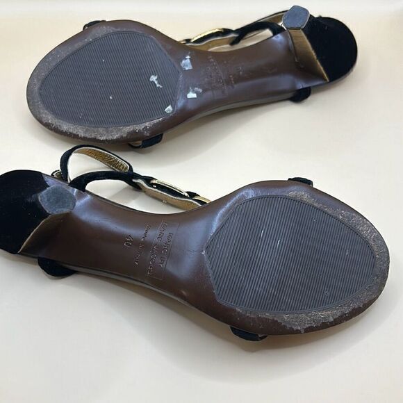 Marc by Marc Jacobs Women's 40 Navy Velvet Bow Strap Heel Sandals Gold Hardwear - Picture 9 of 10